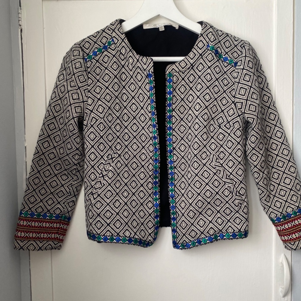 LOVERS + FRIENDS Jacket Small Manta Diamond Weave Embroidered Cropped Open Black - Picture 4 of 5